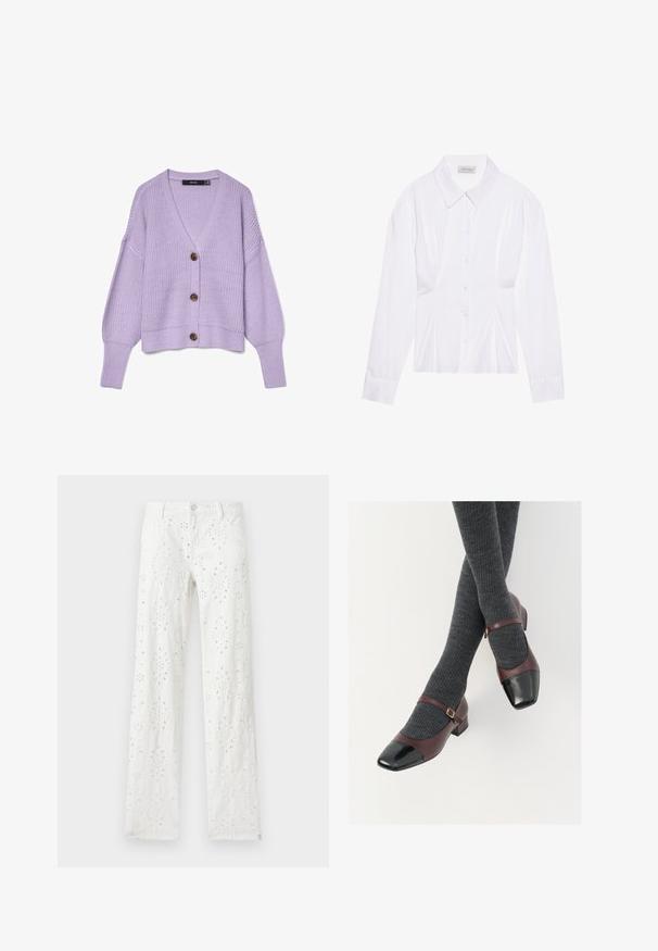 Lilla strikket cardigan med tre brune knapper, V-udskæring, lange ærmer og ribstrikkede manchetter og kant.; Hvid langærmet bluse med klassisk krave, knaplukning foran og samlede side detaljer. Glat stof med en skræddersyet form.; Hvide bukser med lige ben med blomsterbroderi og knap- og lynlås lukning, vist fladt på en lys baggrund.; Burgunderrøde læder Mary Jane-sko med en sort laktoej og tynd ankelrem; båret med mørkegrå ribbede strømper. Lav blokhæl.