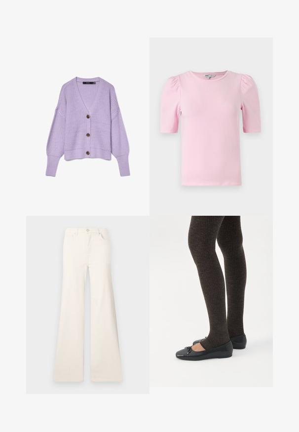 Lilla strikket cardigan med tre brune knapper, V-udskæring, lange ærmer og ribstrikkede manchetter og kant.; Lyserød kortærmet t-shirt lavet af blødt stof. Har en klassisk rund halsudskæring og samlede pufærmer for ekstra tekstur.; ONLY Wide-fit ONLMADISON High waist Wide Leg Fit - Wide leg - ecru; Ben iført mørke ribbede leggings kombineret med sorte balletsko med små sløjfedetaljer på hvid baggrund.