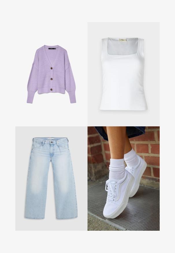 Lilla strikket cardigan med tre brune knapper, V-udskæring, lange ærmer og ribstrikkede manchetter og kant.; Hvid top med firkantet halsudskæring lavet af glat stof. Har brede stropper og en tætsiddende silhuet. Ingen synlige mønstre eller dekorationer.; Lyseblå vid nederdel jeans lavet af denim. Har lige snit, fem lommers design og knaplukning i taljen.; Hvide lærreds sneakers med gummisåler, der har seks snørehuller, rund tå og let sømdetaljer, krydret med hvide ankelstrømper.