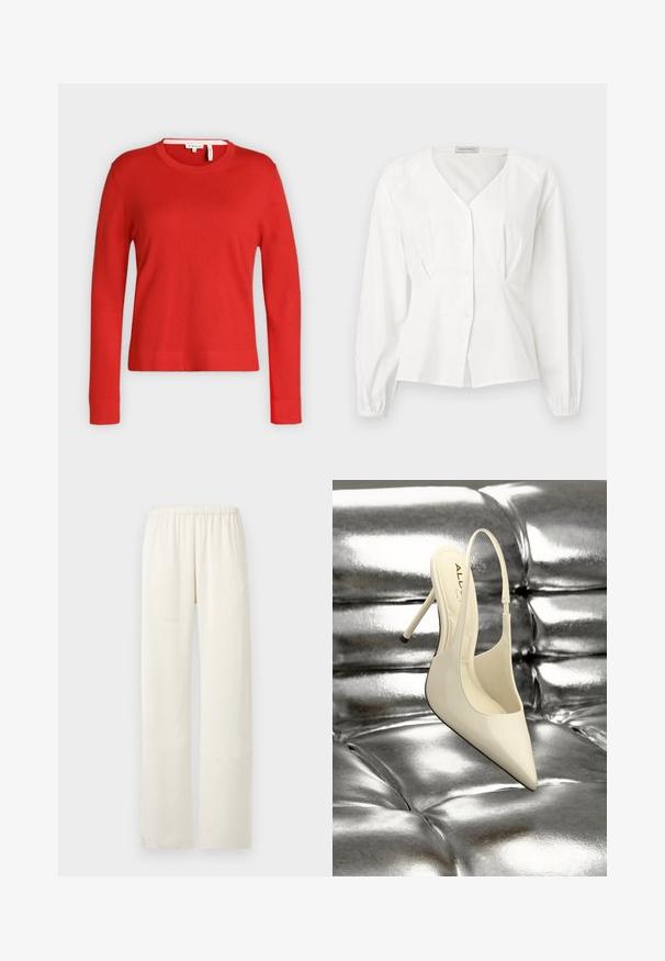 Pull rouge à manches longues et col rond, avec poignets et ourlet côtelés, présenté sur un fond gris clair uni.; Blouse blanche à manches longues avec col en V, boutonnée à l'avant, taille cintrée et poignets élastiques, présentée sur un fond uni.; Pantalon droit de couleur crème avec une ceinture élastique, sans poches visibles ni ornements.; Chaussure à talon haut slingback en cuir verni crème, pointe pointue et talon fin, posée sur une surface texturée argentée brillante.