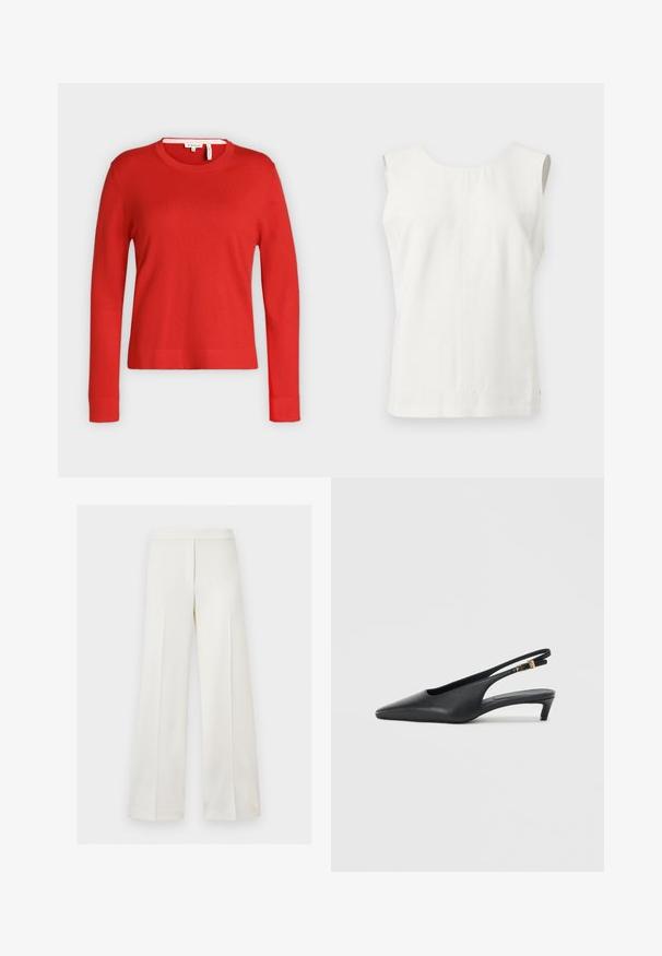 Pull rouge à manches longues et col rond, avec poignets et ourlet côtelés, présenté sur un fond gris clair uni.; Haut blanc sans manches avec encolure ronde et couture verticale visible au centre devant, présenté sur un fond clair uni.; Pantalon blanc taille haute à jambes larges avec fermeture éclair dissimulée à l'avant et design minimaliste sur fond uni.; Des escarpins à talon ouvert noirs avec un bout pointu, une texture en cuir lisse, un petit talon aiguille, et une sangle avec un accent de boucle en métal.