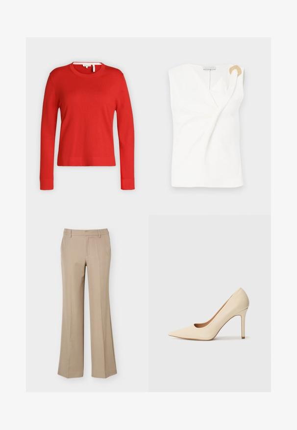 Pull rouge à manches longues et col rond, avec poignets et ourlet côtelés, présenté sur un fond gris clair uni.; Blouse sans manches blanche avec un design croisé, présentant un détail décoratif en forme d'anneau doré sur l'épaule droite.; Pantalon beige pour femme avec passants de ceinture, pli devant et coupe droite à jambes larges sur fond blanc uni.; Escarpin en cuir beige à talon haut avec un bout pointu et un détail découpé sur le côté, possédant un talon stiletto fin pour le soutien.