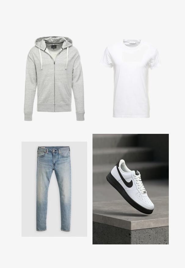 Hoodie zippé gris en tissu doux et texturé. Comprend une capuche avec cordon de serrage, des poches avant et des poignets et ourlet côtelés.; T-shirt en coton blanc à manches courtes, design col rond et texture lisse. Étiquette visible au niveau du col. Style simple et classique.; Jeans en denim bleu clair avec une coupe droite, cinq poches, passants de ceinture et fermeture à bouton. Devant délavé pour un aspect usé.; Baskets en cuir blanc avec accents noirs, bout arrondi et détails perforés. Semelle en caoutchouc noire avec motif texturé et fermeture à lacets.