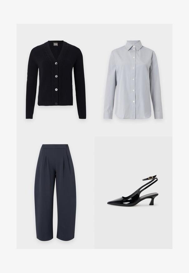 Cardigan noir en maille avec col en V, bordure à motif torsadé, quatre boutons sur le devant et manches longues.; Chemise gris clair à manches longues avec fines rayures blanches verticales, fermeture boutonnée à l'avant, col pointu et poignets assortis sur fond uni.; Pantalon large et court couleur bleu marine foncé avec taille haute et plis à l'avant, présenté sur un fond clair uni.; Escarpins à brides arrière en cuir verni noir, à bout pointu, avec un petit talon carré et une sangle de cheville ajustable dotée d'une boucle dorée.