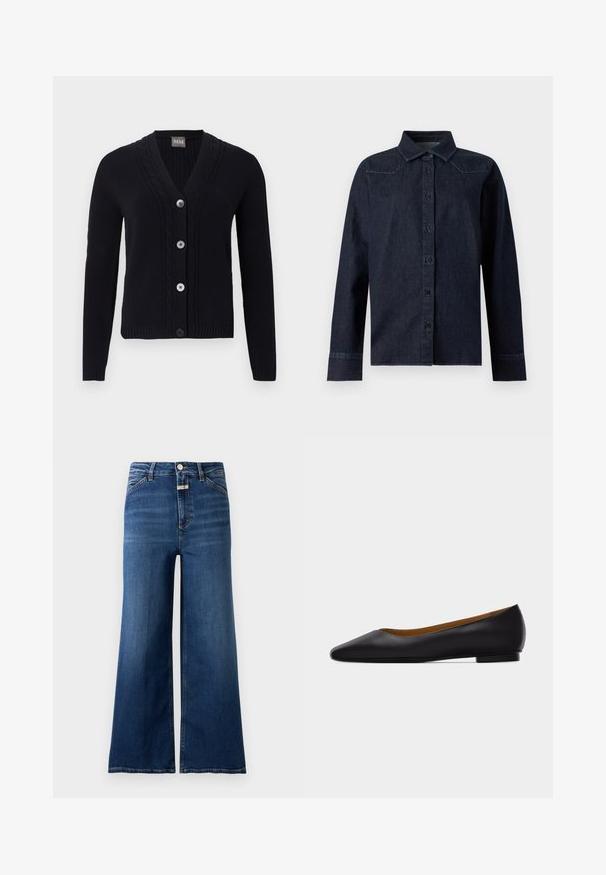 Cardigan noir en maille avec col en V, bordure à motif torsadé, quatre boutons sur le devant et manches longues.; Chemise en denim bleu foncé à manches longues, boutonnée sur le devant, col pointu, avec des détails de couture simples aux épaules et aux poignets.; Jeans en denim bleu taille haute à jambes larges, avec poches avant, passants de ceinture, fermeture par boutons et braguette visible sur un fond uni.; Chaussure plate en cuir noir à bout pointu avec talon bas et finition lisse, vue de côté sur un fond gris clair.
