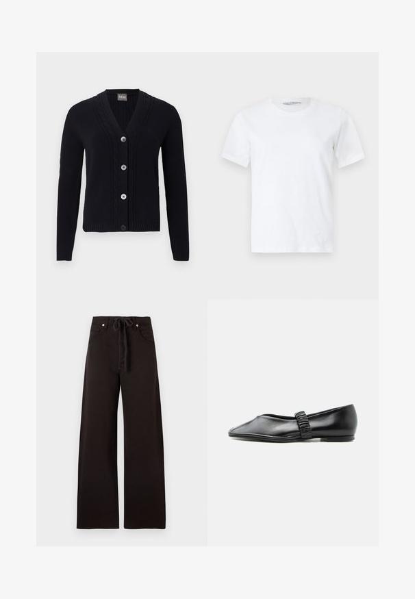 Cardigan noir en maille avec col en V, bordure à motif torsadé, quatre boutons sur le devant et manches longues.; T-shirt blanc uni à manches courtes et col rond, posé à plat sur un fond clair, vue de face avec une petite étiquette de marque visible à l'intérieur du col.; Pantalon noir à jambes larges avec poches avant, passants de ceinture et cordon en tissu à la taille, présenté sur un fond uni.; Chaussure plate en cuir noir avec une bride froncée sur le dessus et un bout légèrement pointu, présentée sur un fond uni.