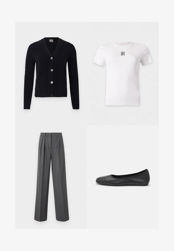 Cardigan noir en maille avec col en V, bordure à motif torsadé, quatre boutons sur le devant et manches longues.; T-shirt blanc à manches courtes avec un petit logo noir brodé au centre de la poitrine et un col rond.; Pantalon large taille haute gris foncé avec plis à l'avant, passants pour ceinture et fermeture dissimulée à l'avant.; Ballerines en cuir noir avec un bout rond, texture lisse, détails de couture minimalistes et design de semelle flexible.