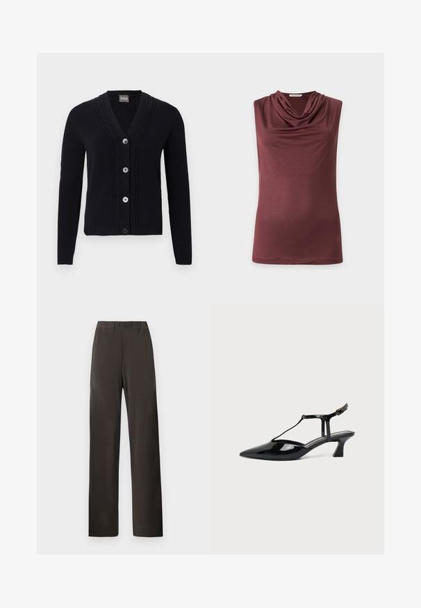 Cardigan noir en maille avec col en V, bordure à motif torsadé, quatre boutons sur le devant et manches longues.; Haut sans manches mauve foncé avec un col bénitier drapé, en tissu lisse et léger, présenté sur un fond clair uni.; Pantalon marron foncé à jambes droites avec taille élastique, sans poches visibles ni décorations, présenté sur un fond clair uni.; Chaussure slingback en cuir verni noir à bout pointu avec bride en T et petit talon bloc incliné sur fond blanc.