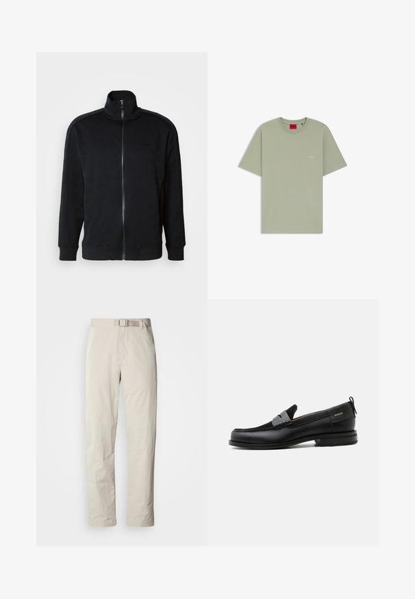 Zwarte zip-up jack met hoge kraag, gestructureerd patroon, lange mouwen, geribbelde manchetten en een rechte zoom. Bevat een merklogo op de borst.; Lichtgroen T-shirt met korte mouwen en een ronde hals, met een klein wit "HUGO"-logo op de borst en een rood label aan de binnenkant van de hals.; Beige broek met een rechte pijp design, gemaakt van lichtgewicht stof. Voorzien van een ingebouwde riem en een subtiele textuur met een strakke afwerking.; Zwarte leren loafer met grijs riemdetailelement, lage hak en gestructureerde zool, aan de zijkant gebrandmerkt met "HUGO" in goud.
