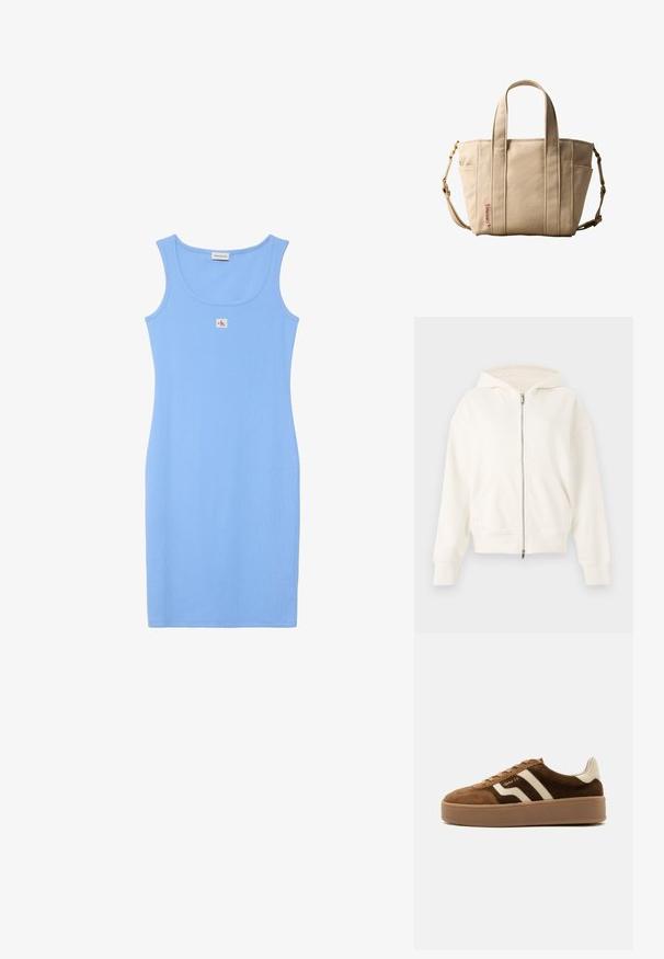 Sudadera blanca con cremallera, capucha ajustable con cordón, bolsillos tipo canguro y puños acanalados. Material suave con una textura lisa y un diseño minimalista.; Vestido azul claro ajustado sin mangas con escote redondo y pequeño parche cuadrado con logo centrado cerca del pecho.; Zapatilla deportiva de ante marrón con rayas beige, lengüeta trasera beige, suela gruesa de goma y cierre de cordones, vista lateral sobre fondo liso.; Bolso tote de lona beige con doble asa superior, correa de hombro ajustable, dos bolsillos laterales y etiqueta con el logo de Calvin Klein en el lado frontal izquierdo.