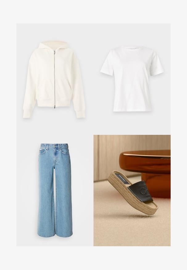 Sudadera blanca con cremallera, capucha ajustable con cordón, bolsillos tipo canguro y puños acanalados. Material suave con una textura lisa y un diseño minimalista.; Camiseta de algodón blanca de manga corta, con cuello redondo y un corte relajado. Textura suave, sin patrones ni acentos, diseño minimalista.; Jeans de mezclilla de corte ancho en un tono azul claro, con cintura alta, diseño de cinco bolsillos y un ligero desgastado en la tela.; Sandalia plataforma beige con suela trenzada y parte superior de cuero negro con el logo "CK" en relieve, situada cerca de una mesa circular marrón.