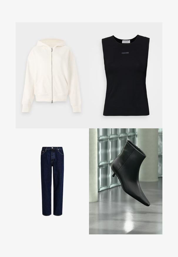 Sudadera blanca con cremallera, capucha ajustable con cordón, bolsillos tipo canguro y puños acanalados. Material suave con una textura lisa y un diseño minimalista.; Top negro sin mangas de tejido suave. Presenta un cuello redondo y un pequeño logo de Calvin Klein en el centro. Diseño simple y ajustado.; Jeans de mezclilla azul oscuro con un diseño de pierna recta, que presentan una cintura alta, estilo de cinco bolsillos y costuras en contraste. Sin adornos.; Botín negro de cuero con punta puntiaguda y tacón bajo estilo kitten, mostrado en ángulo sobre un suelo pulido y con una pared de bloques de vidrio de fondo.