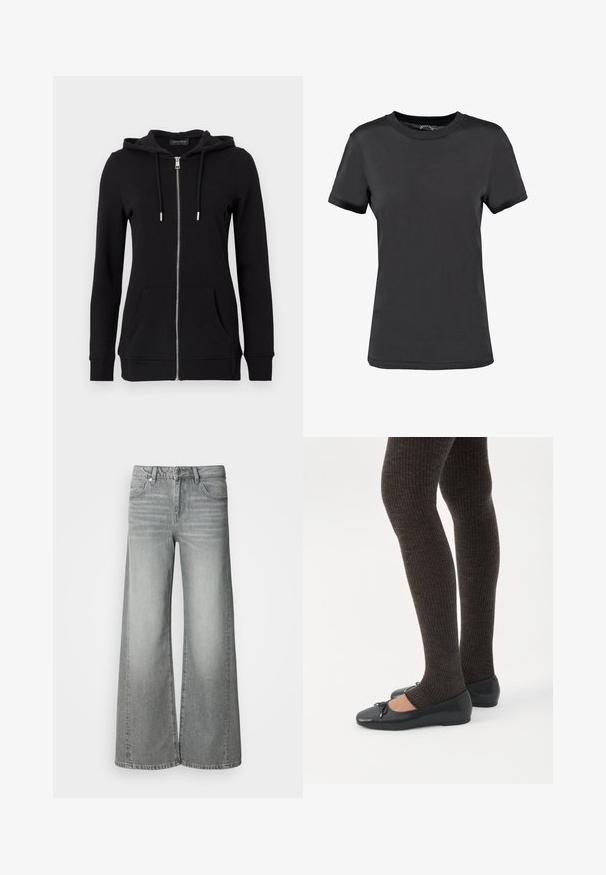 Sweat à capuche noir zippé avec capuche à cordon, manches longues, poches avant et poignets côtelés. Fabriqué en tissu doux et texturé.; T-shirt noir à manches courtes en tissu lisse. Présente un col rond sans motifs ni accents visibles, offrant un design simple.; Jean gris taille haute à jambes larges avec bouton et fermeture éclair à l'avant, poches avant et arrière, présenté sur un fond blanc uni.; Jambes portant des leggings côtelés foncés associés à des ballerines noires avec de petits détails en nœud sur fond blanc.