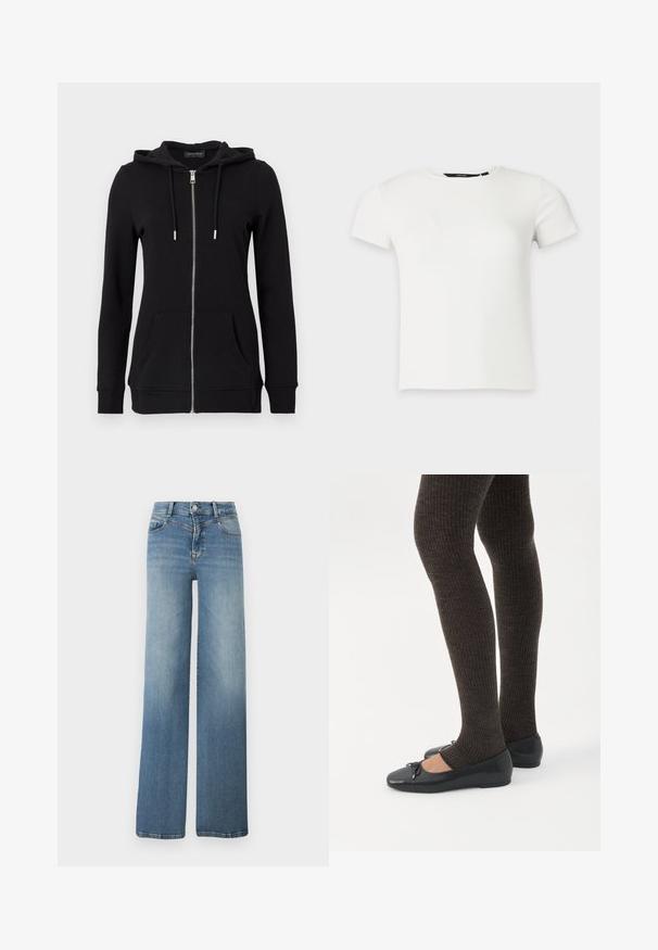 Sweat à capuche noir zippé avec capuche à cordon, manches longues, poches avant et poignets côtelés. Fabriqué en tissu doux et texturé.; T-shirt blanc à manches courtes en maille côtelée avec col rond, présenté sur un fond uni gris clair.; Jeans en denim bleu clair à jambes larges avec poches avant, fermeture par bouton, et texture délavée de la taille à l'ourlet.; Jambes portant des leggings côtelés foncés associés à des ballerines noires avec de petits détails en nœud sur fond blanc.