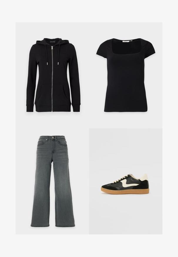 Sweat à capuche noir zippé avec capuche à cordon, manches longues, poches avant et poignets côtelés. Fabriqué en tissu doux et texturé.; Haut noir cintré à manches courtes avec un large col carré, présenté à plat sur un fond blanc.; Jean en denim gris foncé taille haute, jambes larges, avec poches avant et fermeture par bouton sur un fond neutre.; Baskets en daim et cuir noir avec un swoosh latéral crème et un talon crème clair. Dotées de lacets beige et d'une semelle en caoutchouc gomme.