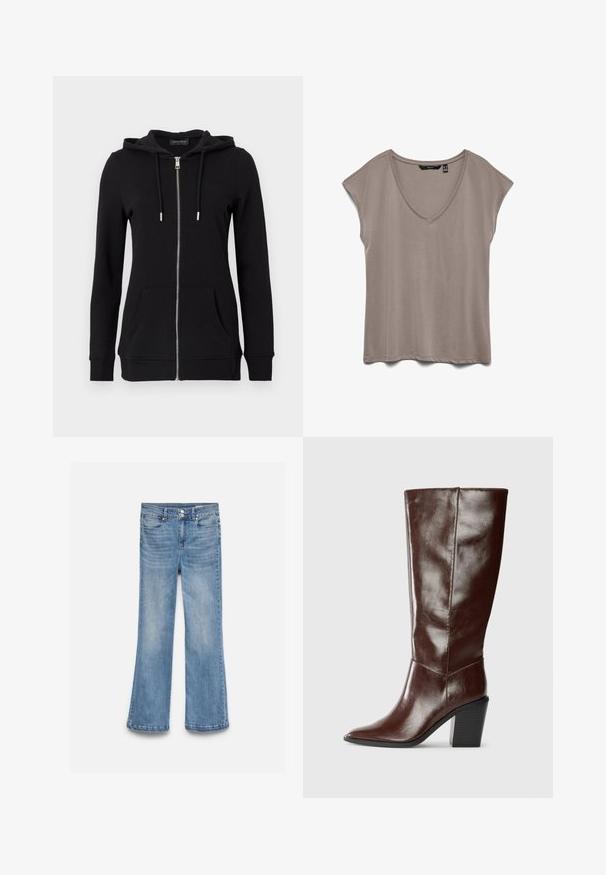 Sweat à capuche noir zippé avec capuche à cordon, manches longues, poches avant et poignets côtelés. Fabriqué en tissu doux et texturé.; Haut taupe pour femme à manches courtes, décolleté en V et coupe décontractée, posé à plat sur fond blanc.; Jean en denim bleu clair avec une taille haute, une fermeture double bouton, des poches avant et arrière, et des jambes légèrement évasées.; Botte haute en cuir marron foncé avec un bout pointu et un talon empilé, présentée de côté sur un fond uni.