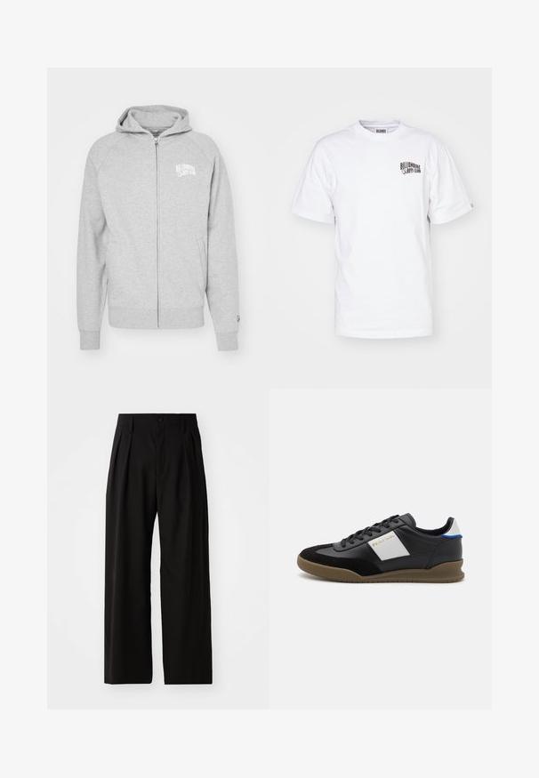 Sudadera gris con cremallera hecha de material suave. Cuenta con capucha, puños acanalados y un estampado de logo en el lado izquierdo del pecho. Diseño simple y casual.; Camiseta blanca de algodón con cuello redondo, mangas cortas y un pequeño logo negro en la parte superior izquierda del pecho. Corte clásico y textura suave.; Pantalones de pierna ancha negros con una textura suave, que cuentan con dos pliegues frontales, cierre de botón y bolsillos laterales. Tejido duradero.; Zapatillas de cuero negro y gamuza con un panel gris, suela de goma marrón y acento azul en el talón. Cuenta con cordones y logotipo en relieve.