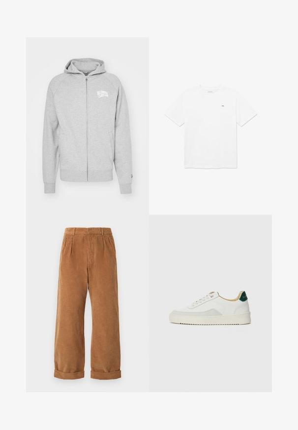 Sudadera gris con cremallera hecha de material suave. Cuenta con capucha, puños acanalados y un estampado de logo en el lado izquierdo del pecho. Diseño simple y casual.; Camiseta blanca de algodón con cuello redondo y mangas cortas. Presenta un pequeño logo negro en el pecho. Diseño limpio y minimalista.; Pantalones de sarga marrones con un diseño de pierna ancha, que presentan pliegues frontales y dobladillos enrollados. La tela tiene una apariencia texturada y con estrías.; Zapatilla blanca con acentos de ante, puntera redondeada, cordones planos y suela de goma color crema. Presenta un logo verde en el talón.
