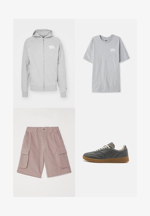 Sudadera gris con cremallera hecha de material suave. Cuenta con capucha, puños acanalados y un estampado de logo en el lado izquierdo del pecho. Diseño simple y casual.; Camiseta de manga corta gris claro con pequeño logo blanco de "Billionaire Boys Club" en el lado izquierdo del pecho.; Pantalones cortos de carga en un tono malva claro, fabricados en algodón. Presentan dos grandes bolsillos laterales, trabillas para cinturón y un cierre de botón, con un corte recto.; Zapatilla de cuero gris oscuro con punta redonda, cordones blancos, suela de goma marrón y sutiles acentos de tela gris en el cuello. Detalle del logo en dorado.