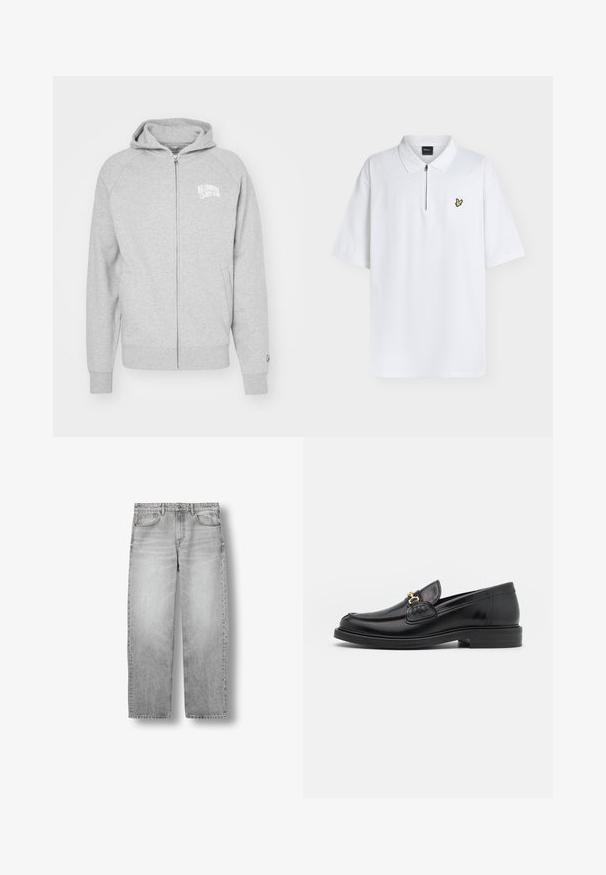 Graue Zip-Hoodie aus weichem Material. Mit Kapuze, gerippten Bündchen und einem Logo-Druck auf der linken Brust. Einfaches, lässiges Design.; Weißes Polohemd mit kurzen Ärmeln, Kragen, Frontreißverschluss und kleinem gelben Vogel-Logo auf der linken Brust.; Hellgraue Jeans mit geradem Bein, Vorderentaschen, Gürtelschlaufen und Knopfverschluss, flach auf weißem Hintergrund präsentiert.; Schwarze Lederleter mit einer abgerundeten Zehenpartie, ausgestattet mit goldenen Hardwareakzenten und Stichdetails, auf einer niedrigen, strukturierten Gummisohle.