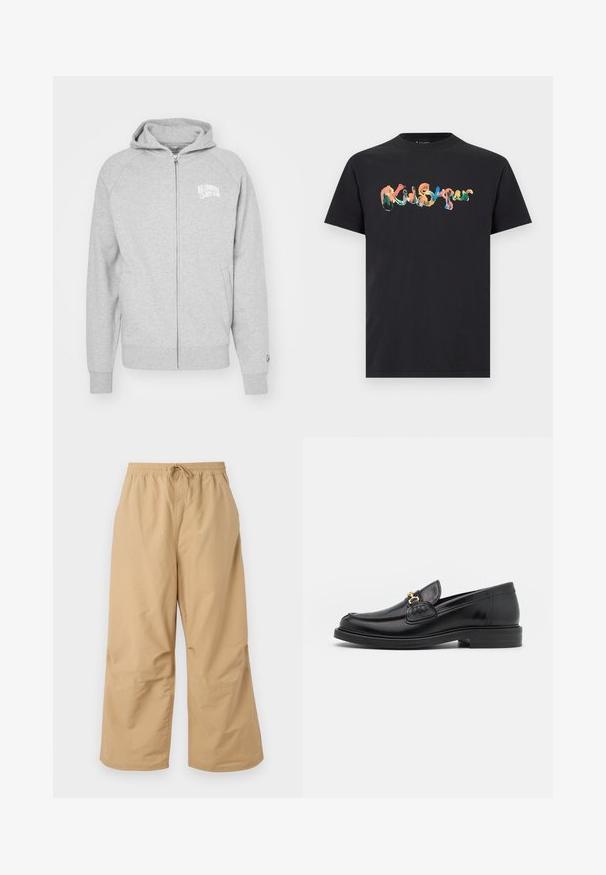 Grå zip-up hoodie lavet af blødt materiale. Har en hætte, ribbede manchetter og et logo print på venstre bryst. Simple, afslappet design.; Sort bomulds-T-shirt med farverigt, abstrakt tekstdesign. Korte ærmer og rund halsudskæring, med glat tekstur og afslappet pasform.; Beige vide ben bukser lavet af letvægtsstof med en elastisk talje og snøre samt syede detaljer nær kanten.; Sorte læder loafers med en rund tå, der har guld hardware accent og syningsdetaljer, placeret på en lav, tekstureret gummisål.