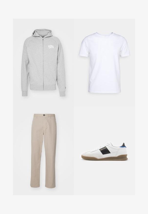 Sudadera gris con cremallera hecha de material suave. Cuenta con capucha, puños acanalados y un estampado de logo en el lado izquierdo del pecho. Diseño simple y casual.; Camiseta blanca de manga corta en tejido de algodón con cuello redondo. Diseño simple sin patrones ni acentos. Textura suave.; Pantalones rectos beige en tejido ligero, con cierre de botón y detalles de costura sutiles. Frente plano con bolsillos laterales.; Zapatilla blanca con detalles en negro y azul, parte superior de ante y cuero, puntera redonda, suela de goma plana y detalle de marca dorada en el costado.