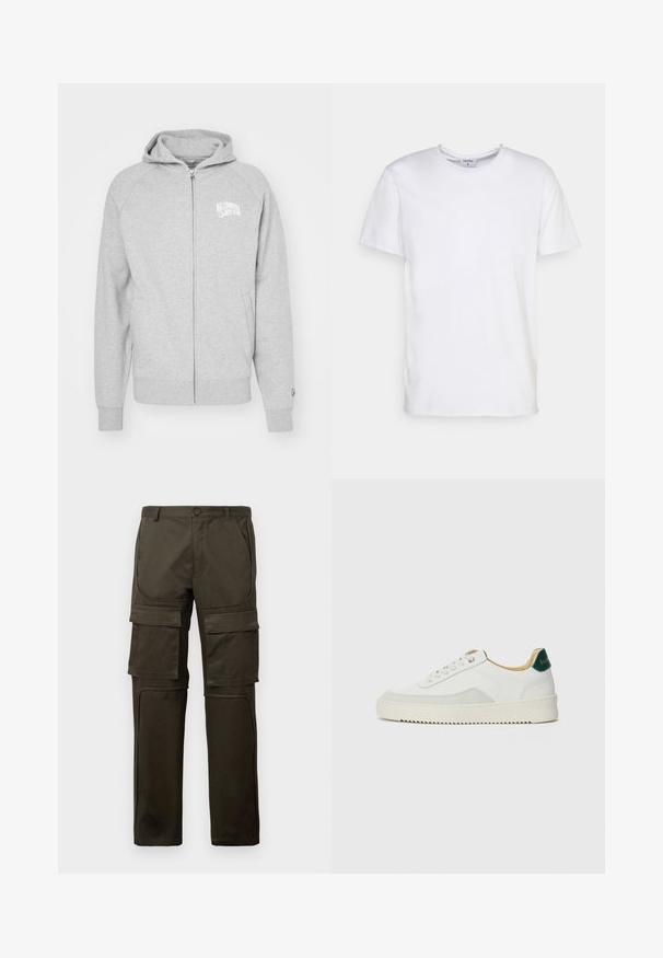 Grå zip-up hoodie lavet af blødt materiale. Har en hætte, ribbede manchetter og et logo print på venstre bryst. Simple, afslappet design.; Hvid kortærmet t-shirt lavet af bomuld. Har en rund halsudskæring og en afslappet pasform uden synlige mønstre eller detaljer.; Mørke olivengrønne cargo bukser med flere store lommer foran og på lårene, knaplukning og syede knæpaneler mod en hvid baggrund.; Hvide sneakers med ruskindsdetaljer, rund tå, flade snørebånd og en cremet gummisål. Har grøn branding på hælen.