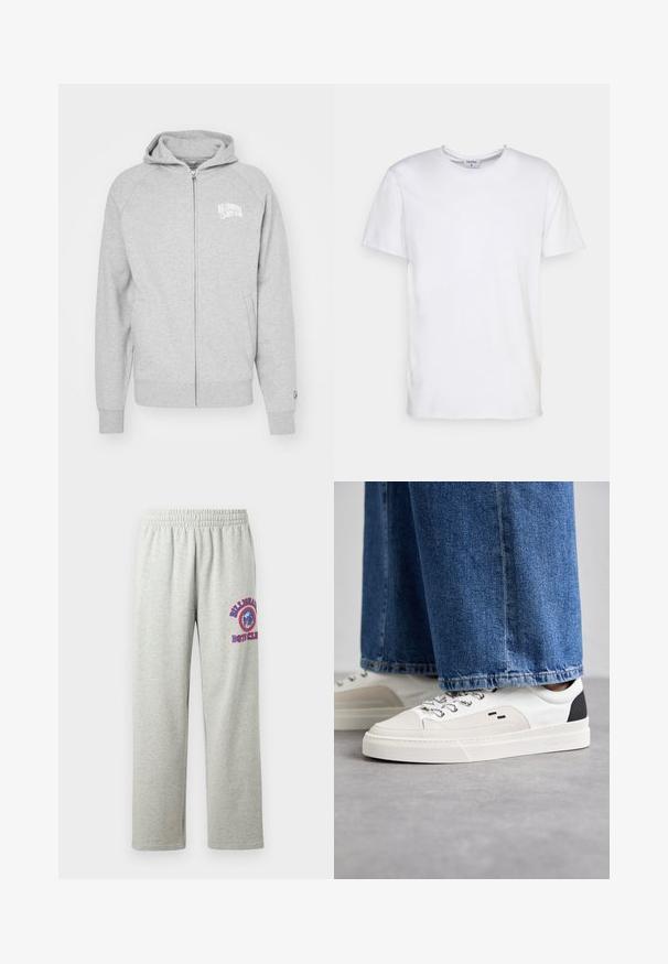 Hallhalli hallidega soe hall zip-up kapuutsiga. Omab kapuutsi, soonikuga varrukaotsasid ja logo trükist vasakul rinnal. Lihtne ja juhuslik disain.; Valge lühikeste varrukatega T-särk, mis on valmistatud puuvillast. Omab ümarat kaelust ja mugavat lõike, ilma nähtavate mustrite või aktsentideta.; Hallid dressipüksid pehme tekstuuriga, millel on elastne vöökoht ja vasakul säärel karu kujutise ja tekstiga värvikas graafika.; Valged ja mustad spordijalatsid sileda nahkpealise, tekstuursete aktsentidega ja paksu valge tallaga. Omab klassikalist nööbistamise disaini.