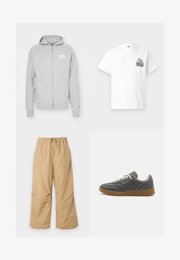 Graue Zip-Hoodie aus weichem Material. Mit Kapuze, gerippten Bündchen und einem Logo-Druck auf der linken Brust. Einfaches, lässiges Design.; Weißes T-Shirt mit kurzen Ärmeln, schwarzem "SERVICE WORKS"-Schriftzug und bergähnlicher Grafik auf der linken Brust.; Beige weite Hosen aus leichtem Stoff, mit einem elastischen Bund und einer Kordel sowie genähten Akzenten in der Nähe des Saums.; Dunkelgrauer Ledersneaker mit runder Zehenpartie, weißen Schnürsenkeln, brauner Gummisohle und dezenten grauen Stoffakzenten am Kragen. Goldenes Logo-Detail.