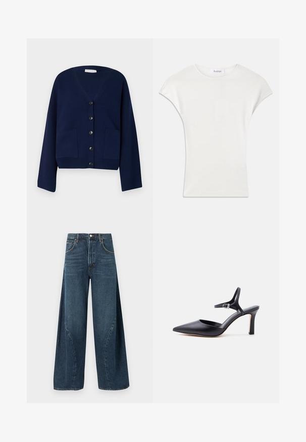 Navyblauwe gebreide cardigan met V-hals, zes zwarte knopen en twee voorzakken. Heeft oversized mouwen en een cropped zoom.; Witte shirt met korte mouwen, gemaakt van zachte, geribbelde stof. Crew halslijn; losse pasvorm met lichte kapmouwen. Merkenlabel zichtbaar bij de halslijn.; Donkere blauw wijde pijpen denim jeans met voorzakken, riemlussen en een knoopsluiting bij de taille, getoond op een effen achtergrond.; Zwarte pumps met spits toelopende neus, dunne enkelriem en zilveren gesp, glad lederen afwerking, elegante damesschoen.