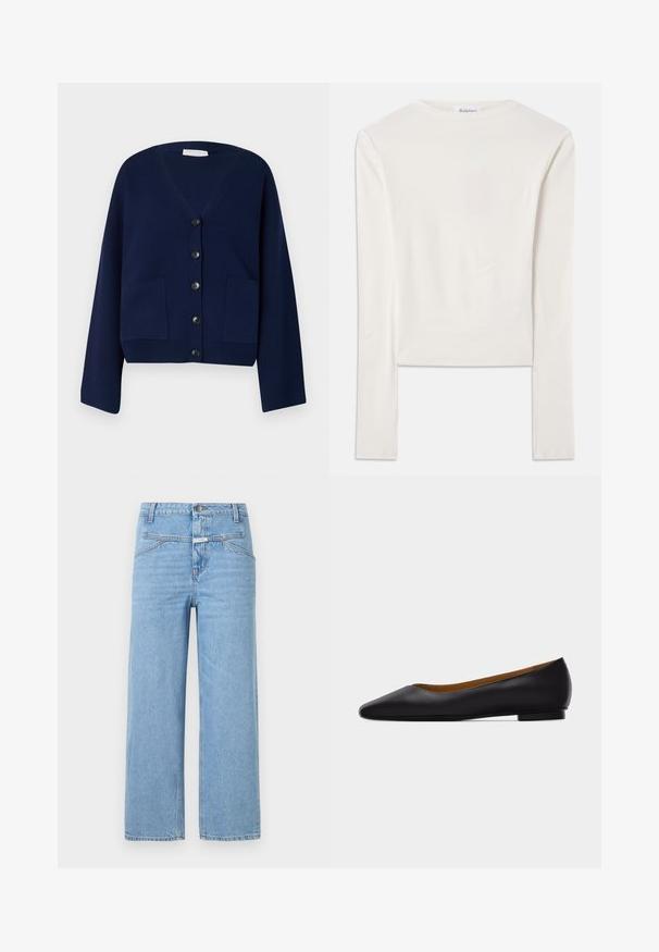 Navyblauwe gebreide cardigan met V-hals, zes zwarte knopen en twee voorzakken. Heeft oversized mouwen en een cropped zoom.; Witte lange mouw top van katoen, met een eenvoudige ronde hals en een slim fit. De stof is glad met een lichte stretch.; CLOSED STOVER - Relaxed fit jeans - light blue; Zwarte leren puntschoen met lage hak en gladde afwerking, zijaanzicht op een lichtgrijze achtergrond.