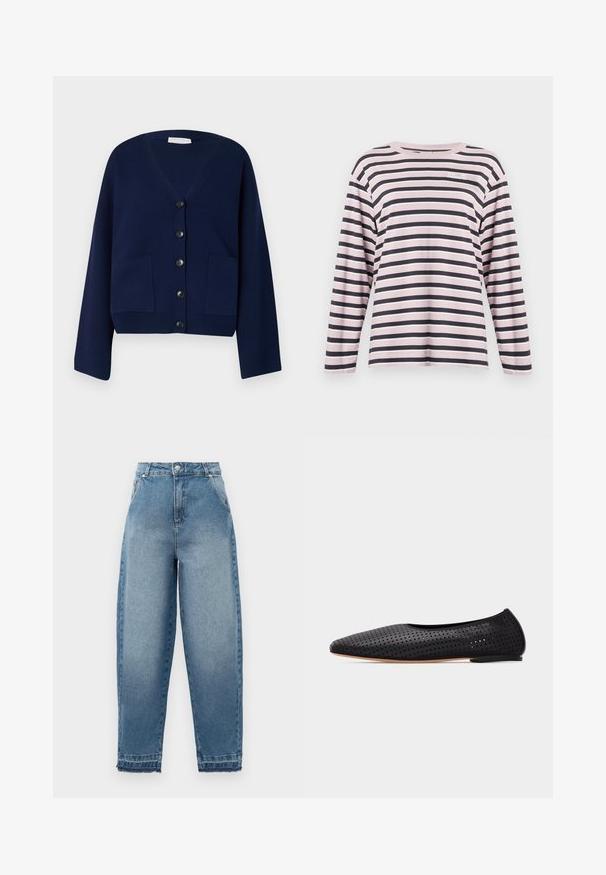 Marineblå strikket cardigan med V-hals, seks sorte knapper og to frontlommer. Har overdimensionerede ærmer og en cropped kant.; Lange ærmer pink og marineblå stribet skjorte, lavet af bomuldsmateriale, rund hals, med et lille broderet logo på venstre brystområde.; Lyseblå denimjeans med høj talje, løs pasform, fem-lommer design og frynsede kanter. Har klassisk syning og lynlås foran.; Sort perforeret læderballetsko med spids tå og lav hæl, vist i sideprofil på hvid baggrund.