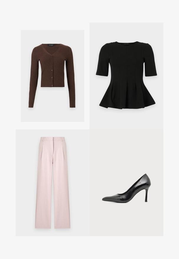 Cardigan en maille côtelée marron avec manches longues, col en V et fermeture à boutons sur le devant, étiquette de la marque "Anna Field" à l'intérieur du col.; Top en peplum noir à manches courtes avec un col rond et des détails de coutures verticales, présenté sur un fond blanc.; Pantalon large rose clair avec plis à l'avant, passants de ceinture et fermeture dissimulée à l'avant, présenté sur un fond uni.; Chaussure à talon haut pour femme en cuir verni noir avec bout pointu et talon fin sur fond clair uni.