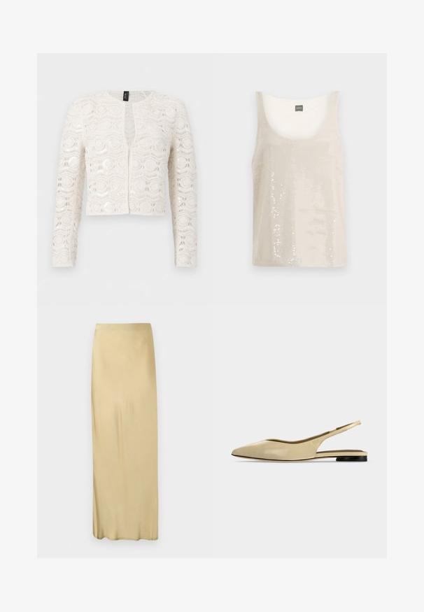 Cardigan blanc en dentelle à manches longues avec motifs floraux et géométriques, devant ouvert et longueur légèrement raccourcie.; Débardeur beige avec un col en U, recouvert de sequins réfléchissants. Doublure intérieure lisse pour le confort, conçu pour un usage casual.; Jupe droite beige, taille haute, longueur cheville, avec une texture lisse et sans motifs ni ornements visibles.; Chaussure plate beige à bout pointu avec bride arrière, petit talon noir et finition en cuir lisse, vue de côté sur un fond uni.