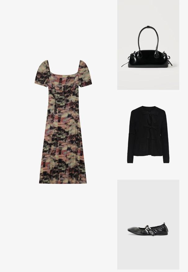 Cárdigan de punto negro con escote redondo, que cuenta con dos lazos frontales y un patrón texturizado. Mangas largas y longitud recortada.; Even&Odd by Zalando Vestido informal - black/multi-coloured; Zapato plano de piel negra con puntera afilada, detalle fruncido alrededor de la abertura y un acento de hebilla plateada en la correa ajustable.; Pequeño bolso negro brillante con dos asas largas y detalles de cordón lateral sobre un fondo claro liso.
