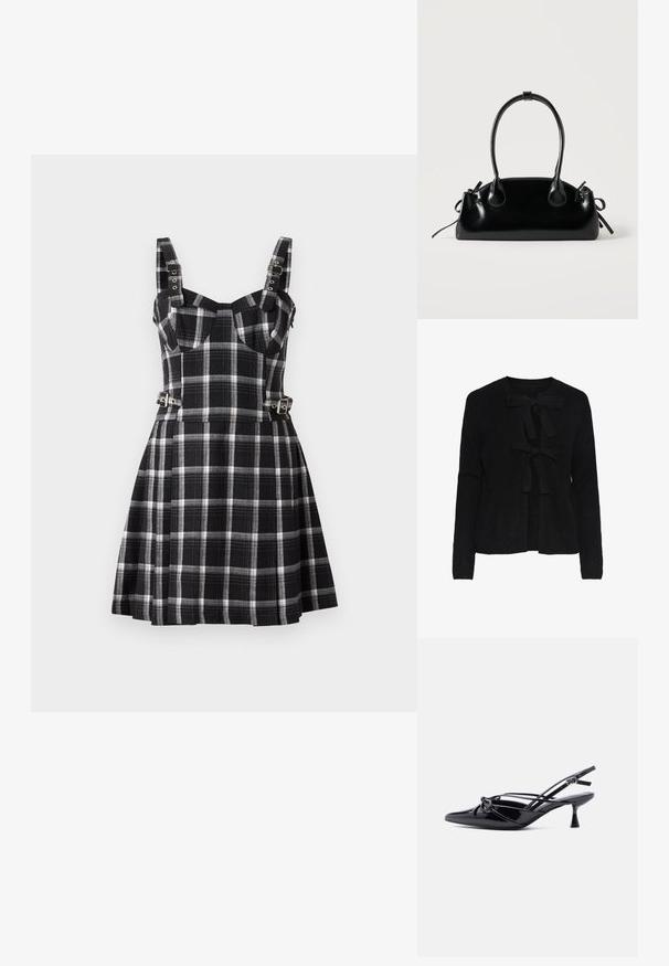 Sort strikket cardigan med rund halsudskæring, prydet med to frontsnøringer og et struktureret mønster. Lange ærmer og cropped længde.; The Ragged Priest MONARCH DRESS - Hverdagskjole - black; Sort laklæder slingback-pumpe med spids tå, lav kittenhæl og dekorativ knyttet sløjfedetalje foran.; Lille sort blank håndtaske med to lange håndtag og snøre-detaljer i siden på en ensfarvet lys baggrund.