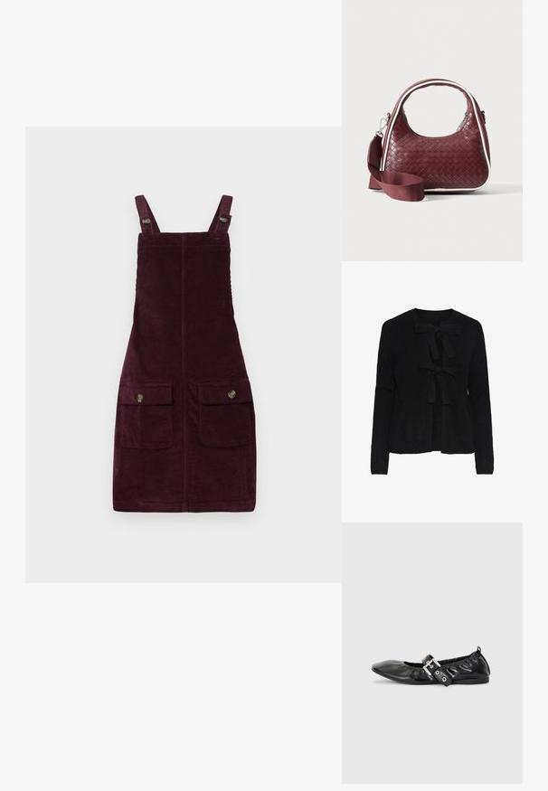 Sort strikket cardigan med rund halsudskæring, prydet med to frontsnøringer og et struktureret mønster. Lange ærmer og cropped længde.; Fløjlskjole i dyb burgunder, med justerbare stropper, forlommer med metalbeslag og en tætsiddende pasform. Tekstureret stof.; Sorte læder flade sko med spids tå, samling detaljer omkring åbningen, og en sølv spænde accent på den justerbare rem.; Mørkerød vævet lædertaske med buet hank, hvid kant, sølv lynlås og aftagelig bred stofskulderrem mod en ensfarvet baggrund.