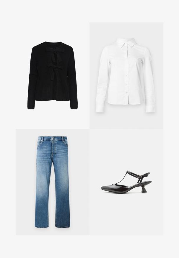 Cardigan noir en tricot avec un col rond, présentant deux liens sur le devant et un motif texturé. Manches longues et longueur cropped.; Chemise blanche à manches longues avec boutons, col pointu, ourlet droit et silhouette ajustée, présentée sur un fond clair uni.; Jeans en denim bleu clair avec une coupe droite, présentant un dégradé progressif, cinq poches et une fermeture à bouton à l'avant.; Chaussure noire en cuir verni à talon bas, bout pointu, bride en T et fermeture à boucle réglable sur fond blanc.