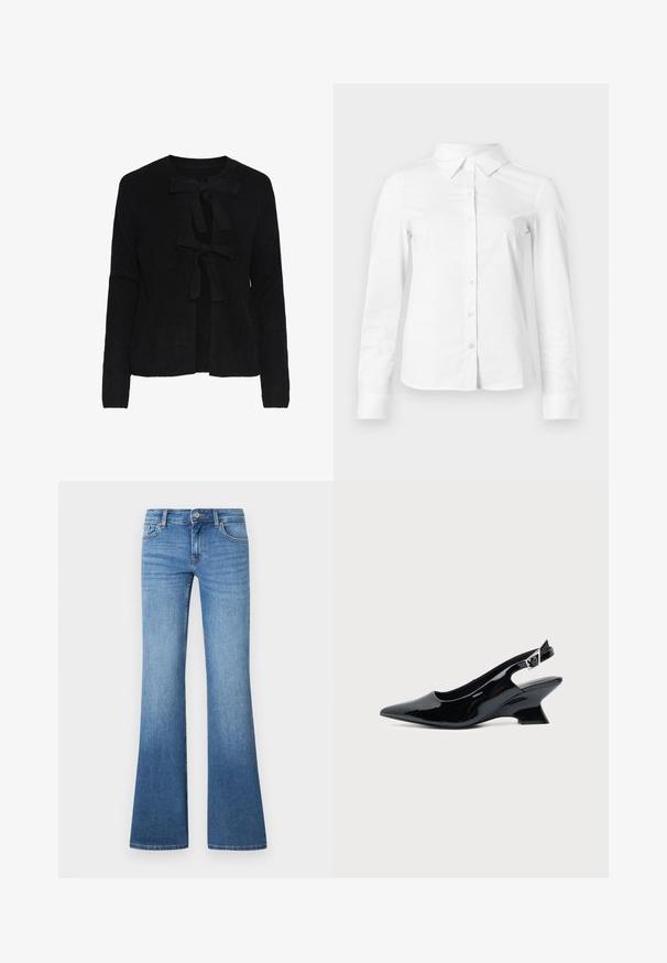 Cardigan noir en tricot avec un col rond, présentant deux liens sur le devant et un motif texturé. Manches longues et longueur cropped.; Chemise blanche à manches longues avec boutons, col pointu, ourlet droit et silhouette ajustée, présentée sur un fond clair uni.; Jean flare bleu clair en denim. Comprend un design à cinq poches, une fermeture par bouton métallique et un léger délavage près des genoux.; Chaussure slingback en cuir verni noir avec bout pointu et petit talon bloc incliné sur fond clair uni.