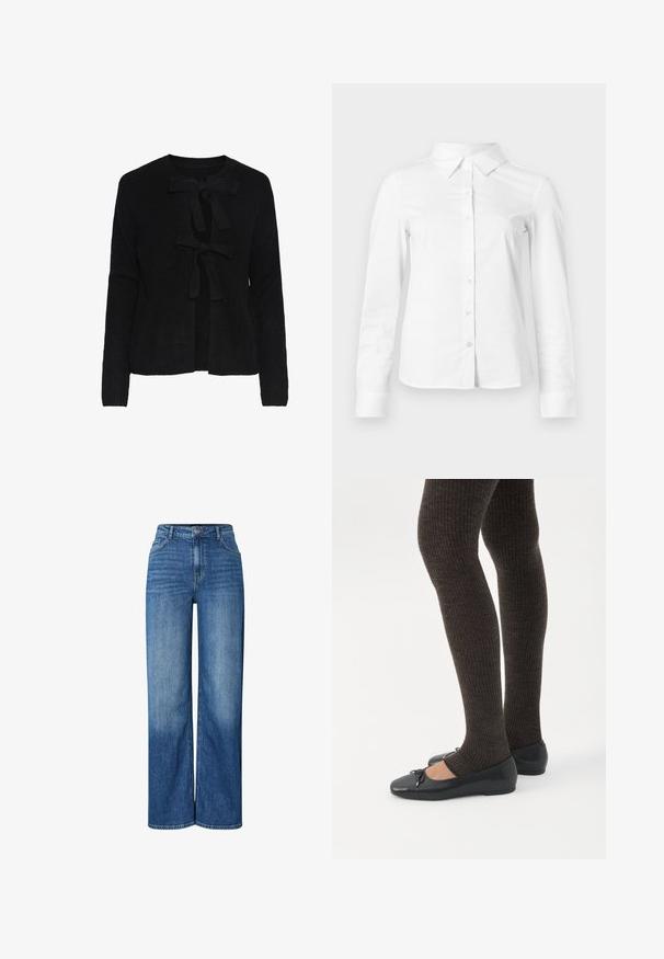Zwarte gebreide cardigan met een ronde hals, voorzien van twee voorknoopjes en een gestructureerd patroon. Lange mouwen en een cropped lengte.; Witte blouse met lange mouwen en knopen, met puntige kraag, rechte zoom en aansluitende silhouet, weergegeven op een effen lichte achtergrond.; Brede blauwe denim jeans met een hoge taille, voorzien van vervaagde gebieden, een traditionele vijf-pocketontwerp en een knoopsluiting aan de voorkant.; Benen met donkere geribbelde leggings gecombineerd met zwarte ballerina's met kleine strikdetails op een witte achtergrond.