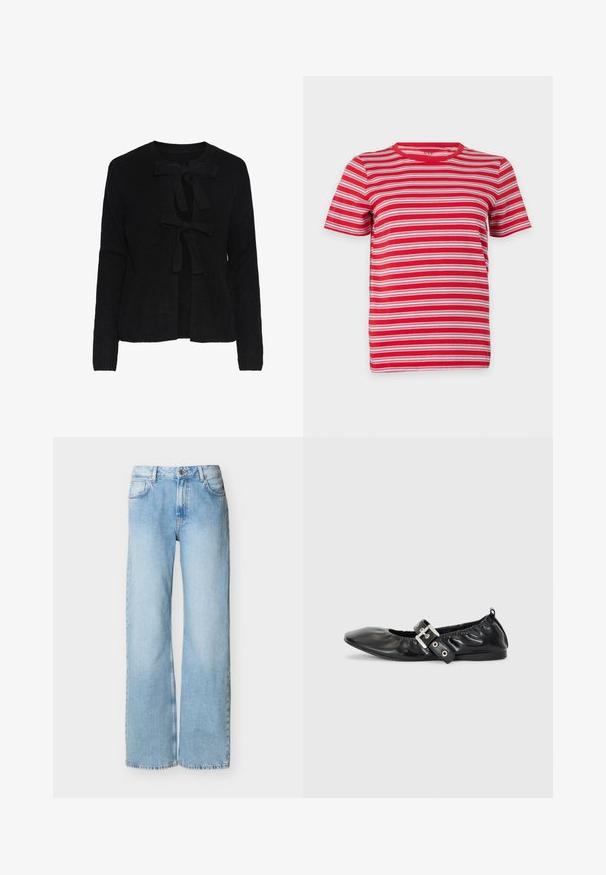Cardigan noir en tricot avec un col rond, présentant deux liens sur le devant et un motif texturé. Manches longues et longueur cropped.; T-shirt à manches courtes et col rond avec des rayures horizontales rouges, blanches et roses, présenté sur un fond blanc en style flat-lay.; Jean en denim bleu clair taille haute à jambes larges avec fermeture à boutons et fermeture éclair à l'avant, poches avant et arrière, présenté sur fond blanc.; Chaussure plate en cuir noir avec un nez pointu, des détails froncés autour de l'ouverture et un accent en boucle argentée sur la bride ajustable.
