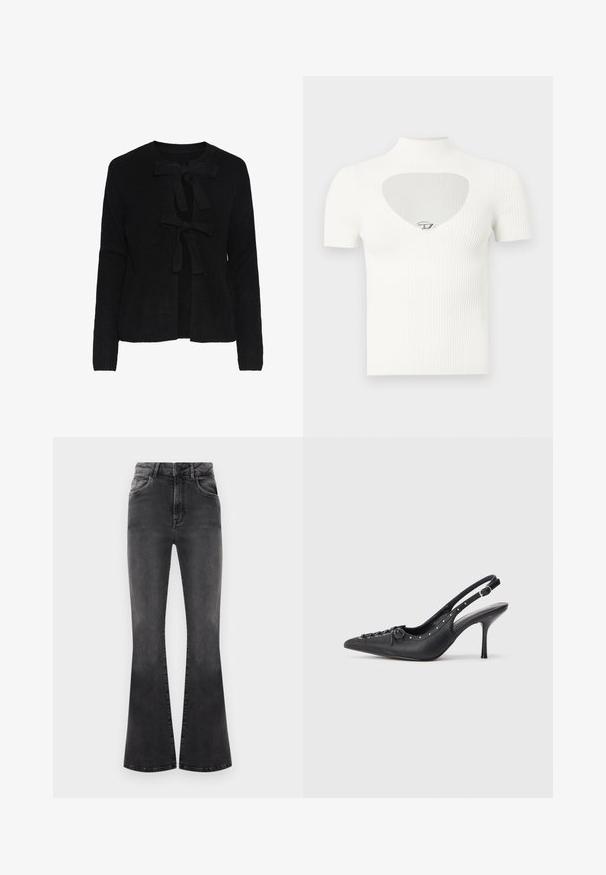 Cardigan noir en tricot avec un col rond, présentant deux liens sur le devant et un motif texturé. Manches longues et longueur cropped.; Haut blanc côtelé à manches courtes avec un col montant et une découpe en forme de cœur sur la poitrine, ornée d'un détail argenté au centre.; Jean noir évasé avec taille haute, détails de couture et cinq poches. Le tissu a une texture lisse avec une finition délavée.; Escarpin en cuir noir à talon aiguille avec un bout pointu, une bride latérale à boucle, des clous le long du bord et un laçage décoratif à l'avant.