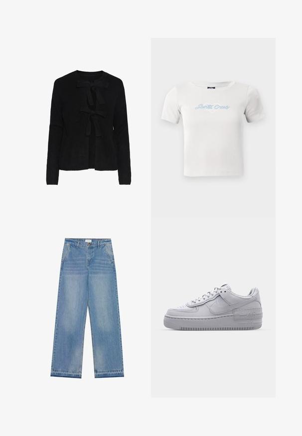 Sort strikket cardigan med rund halsudskæring, prydet med to frontsnøringer og et struktureret mønster. Lange ærmer og cropped længde.; Hvid bomulds t-shirt med korte ærmer, med et lyseblåt "Santa Cruz" skriftlogo og hjertegrafik i midten.; Lyseblå højtaljede wide-leg jeans med knaplukning, frontlommer, bæltestropper og diskret falmet detaljer.; Grå Nike Air Force 1 sneakers med perforeret tå, glat læderoverdel, tyk sål og præget 'AIR' detalje på hælen.