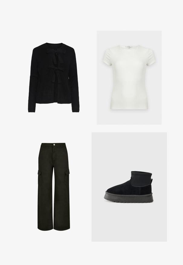 Sort strikket cardigan med rund halsudskæring, prydet med to frontsnøringer og et struktureret mønster. Lange ærmer og cropped længde.; Plain hvid tætsiddende t-shirt med korte ærmer og rund halsudskæring, vist på en neutral baggrund.; Bredde cargo bukser i sort. Fremstillet af blødt stof med sidelommer, featuring en knaplukning og bæltesløjfer. Simpelt og funktionelt design.; Sort ruskindsankelstøvle med polstret krave, elastisk sidepanel og en tyk, struktureret sort gummisål. Glat overflade generelt.