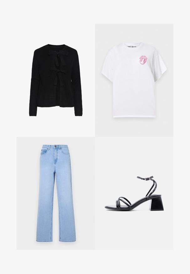 Sort strikket cardigan med rund halsudskæring, prydet med to frontsnøringer og et struktureret mønster. Lange ærmer og cropped længde.; Hvid T-shirt med korte ærmer og lille pink Rolling Stones tunge- og læbelogo på øverste venstre bryst.; Lysblå højtaljede jeans med bred ben-design, lavet af denim. Har markante syninger og fem-lommes styling.; Sort sandal med stropper, åben tå, ankelspænde og blokhæl, vist i sidelæns syn på en ensartet lys baggrund.