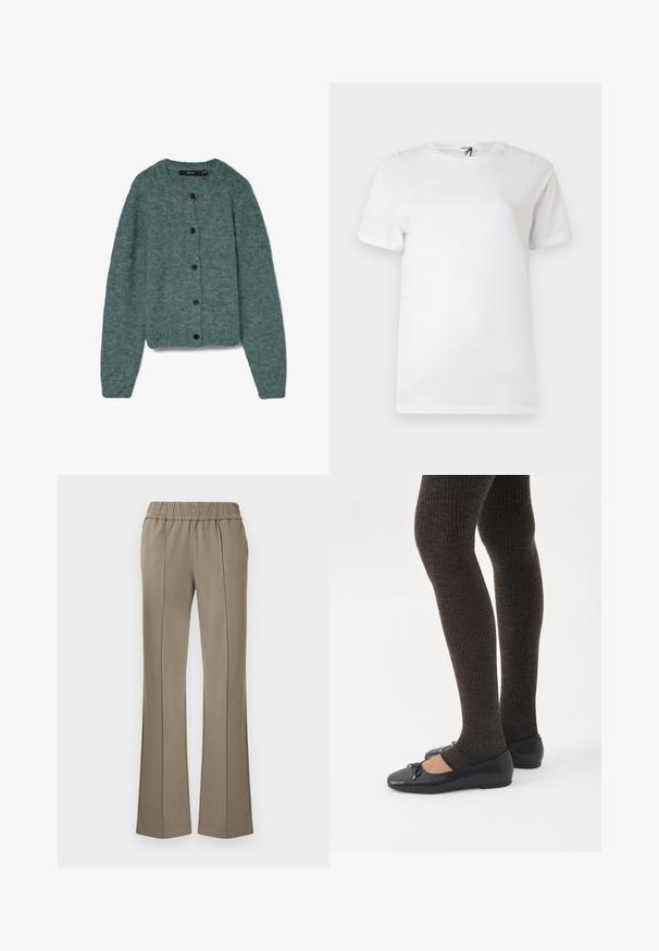 Grøn strikket cardigan med rund halsudskæring, lange ærmer og fem mørke knapper foran. Blød tekstur med et hyggeligt udseende.; Enkelt hvid kortærmet t-shirt i bomuld med rund hals, med et lille diskret logo nær brystet og en mærkat ved kraven.; Lysebrune, elastiske bukser med elastik i taljen, med syninger foran og udvidede ben, lavet af blødt materiale med en glat tekstur.; Ben iført mørke ribbede leggings kombineret med sorte balletsko med små sløjfedetaljer på hvid baggrund.