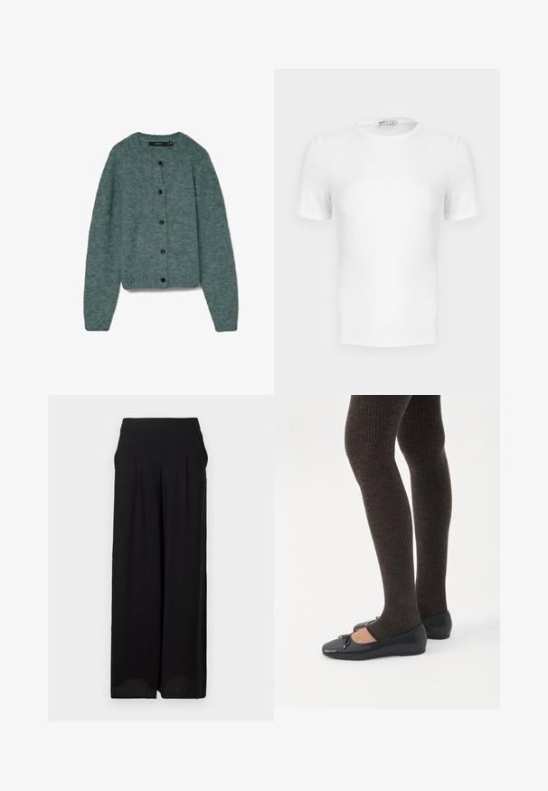 Groene gebreide cardigan met een ronde hals, lange mouwen en vijf donkere knopen aan de voorkant. Zachte textuur met een gezellige uitstraling.; Witte korte mouwen geribde T-shirt met een ronde hals, een aangesloten pasvorm en een klein merklabel aan de binnenkant van de kraag.; Zwarte wijde broek met hoge taille en zijzakken, gemaakt van lichtgewicht, gestructureerde stof.; Benen met donkere geribbelde leggings gecombineerd met zwarte ballerina's met kleine strikdetails op een witte achtergrond.