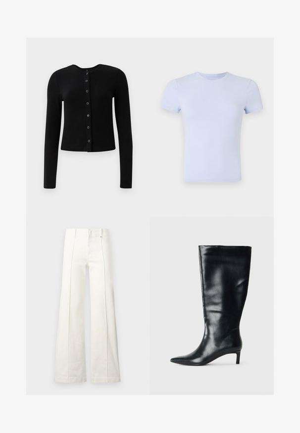 Cardigan long à manches longues noir à côtes avec un col rond et une fermeture à boutons centraux, présentant des boutons métalliques et une silhouette ajustée.; Good American SUPER STRETCH BABY TEE - T-shirt basique - periwinkle; Pantalon blanc taille haute à jambes larges avec coutures avant et passants pour ceinture, présenté sur un fond clair uni.; Botte en cuir noire hauteur genou avec bout pointu et petit talon de chat sur fond clair uni.