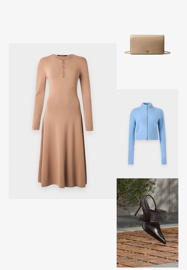 Lys blå, cropped sweater lavet af blødt, struktureret stof. Har en høj krave og en foran lynlås med ribbede manchetter.; Strikkjole i lys tan med lange ærmer, rund halsudskæring og fem runde guldknapper ned ad midten, med en flagrende nederdel.; Blank højhælet mule med spids tå og ankelrem, svævende over en terracottaflisebelagt overflade med grusfyldte mellemrum.; Beige læderclutch med guldkæde som skulderrem og lille guld "cK"-logo centreret på frontklappen.