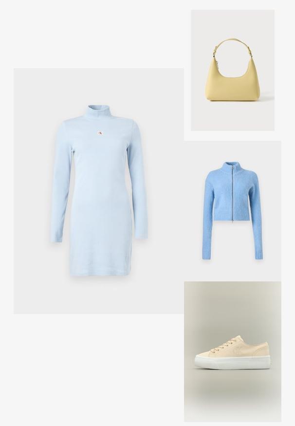 Lichtblauwe, cropped trui van zacht, textuurstof. Heeft een hoge kraag en een vooraanlopende rits met geribde manchetten.; Lichtblauwe geribbelde jurk met een hoge halslijn en lange mouwen. Heeft een klein logo op de borst. Gemaakt van zachte stof.; Beige canvas lage sneaker met witte dikke rubberen zool en subtiel "CK" logo aan de zijkant.; Gele leren handtas met een gebogen silhouet, korte verstelbare band en een vak met ritssluiting. Heeft een subtiel logo aan de voorkant.